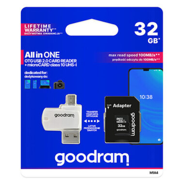 Goodram All-In-One microSDHC 32GB + adaptér / Class 10 / UHS-I / R: 100 MBs / W: 10 MBs (M1A4-0320R12)