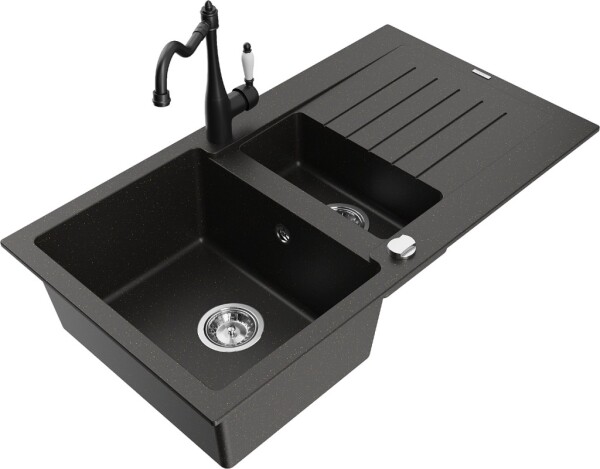 MEXEN/S MEXEN/S - Matias granitový drez 1.5 s odkvapkávačom vrátane batérie Carla čierna/zlatá metalik 6502-75-670700-70