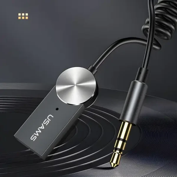 USAMS SJ464 sivá / Bluetooth audio adaptér / do auta / BT 5.0 / 3,5 mm AUX / USB napájanie (SJ464JSQ01)