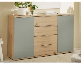 Komoda so zásuvkami Simada 150 cm, dub artisan/šalviovo zelená%
