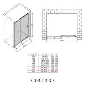 CERANO - Sprchové posuvné dvere Varone LINE Ľ/P - 6 mm - čierna matná, transparentné sklo - 150x195 CER-8050BD7555