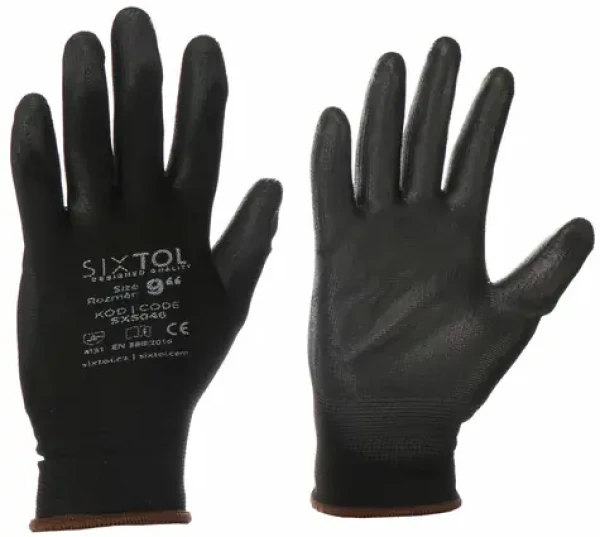 SIXTOL GLOVE PE-PU 9 čierne / Rukavice pracovné z polyesteru polomáčané v polyuretáne / veľkosť 9 (SX5046)