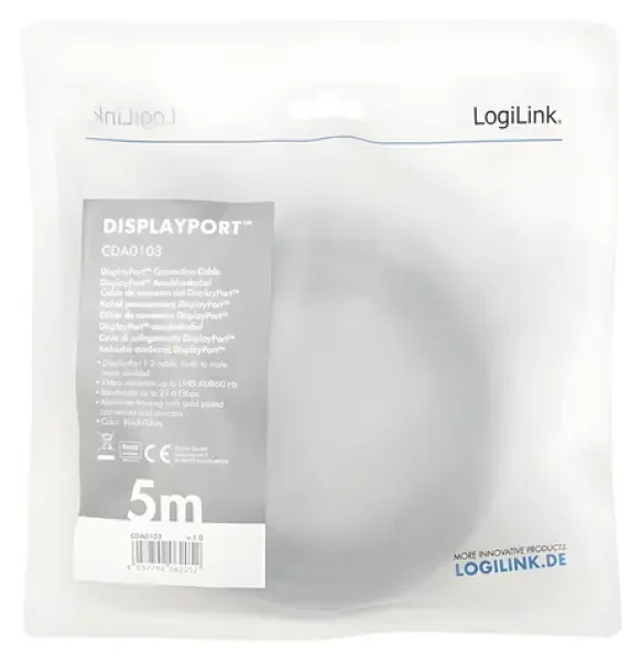 LogiLink DisplayPort 1.2 čierno-šedá / Kábel DisplayPort / 5 m / 3840×2400 / 165 Hz (CDA0103)