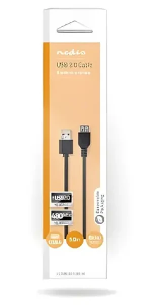 Nedis USB 2.0 predlžovací kábel čierna / Kábel USB / USB-A(M) - USB-A(F) / 480 Mbps / 3 m (CCGB60010BK30)