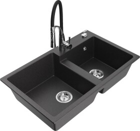MEXEN/S MEXEN/S - Tomas granitový drez 2-bowl vrátane batérie Aster, čierna kropenatá 6516-76-73450-07