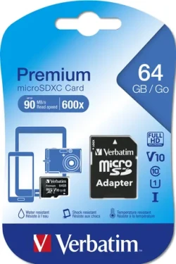 Verbatim Premium microSDXC 64GB + adaptér / Pamäťová karta / UHS-I (U1) / Class 10 / V10 / R: 90 MB/s / W: 10 MB/s (44084)