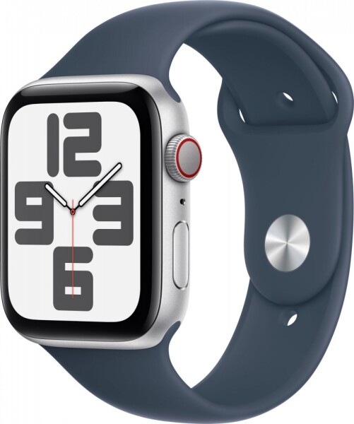 Apple Watch SE GPS + Cellular, 44mm Koperta z aluminium w farbaze strieborným z paskiem sportowym w farbaze sztormowego błękitu - S/M