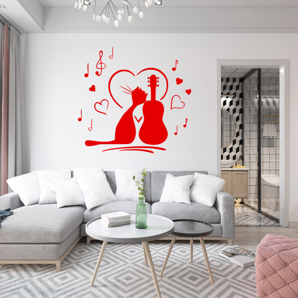 Veselá Stena Samolepka Mačička milujúca hudbu Farba: červená, Veľkosť: 80 x 76 cm