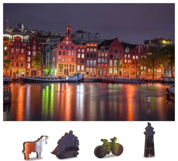 Wooden City Drevené puzzle Nočná Amsterdam 2v1