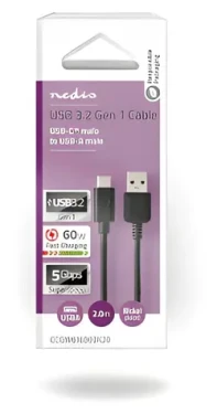 Nedis USB-A - USB-C 3.2 Gen1 2m čierna / Kábel / 60 W / 5 Gbps (CCGW61600BK20)
