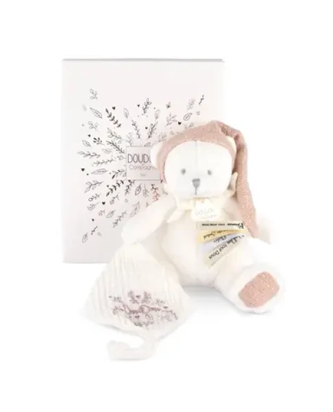Doudou Darčeková sada Plyšový medvedík s úchytom na cumlík a dečkou ružový 20 cm