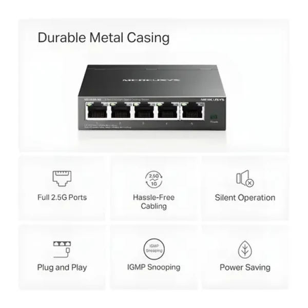 Mercusys MS105GS-M2 / 5-portový switch / 2,5 Gbps / Desktop / kovové telo / bez ventilátora (MS105GS-M2)
