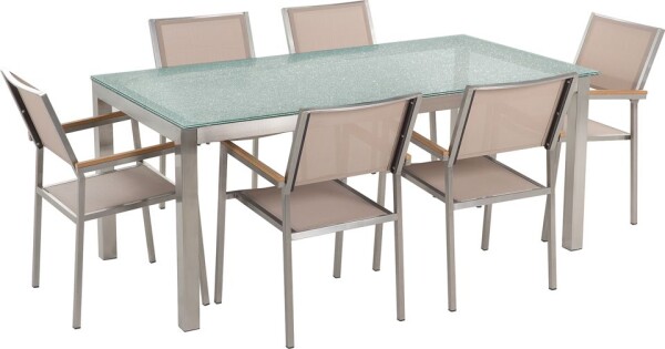 Beliani GROSSETO Sada záhradného nábytku stôl s bielou sklenenou doskou 180 x 90 cm 6 béžových stoličiek