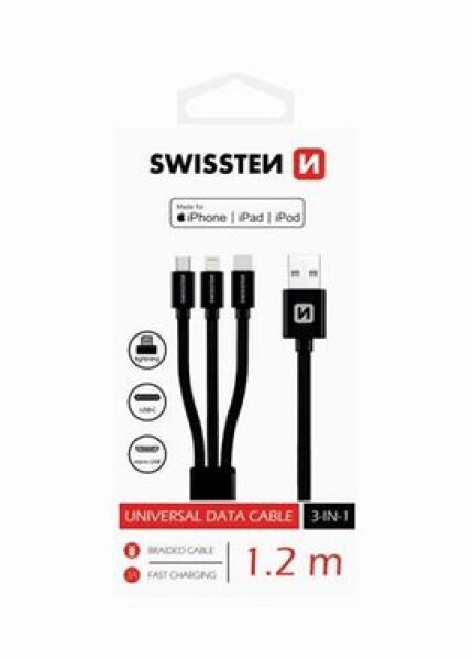 SWISSTEN TEXTILE 3in1 dátový kábel MFi 1.2m čierna (72501101)