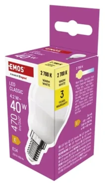 Emos LED žiarovka Mini Globe E14 4,2 W / Žiarovka / náhrada za 40 W / teplá biela / 470 lm / 30000h (1525731240)
