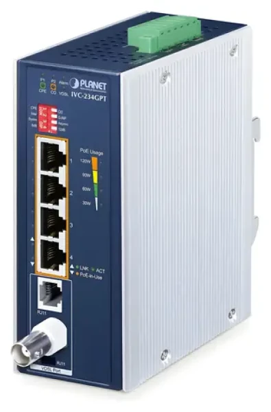 Planet IVC-234GPT / VDSL2 mediakonvertor priemyselný / 4X GLAN PoE+ 802.3at / profil 17a/30a/35b / G.Vectoring / G.INP (IVC-234GPT)