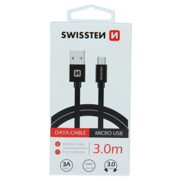 SWISSTEN TEXTILE dátový kábel USB - microUSB 3m čierna (71527300)