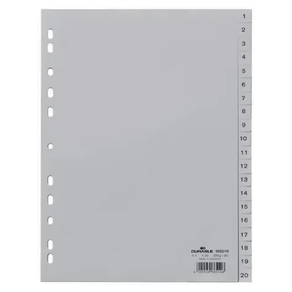 Durable Číselný register 1-20 A4 sivá / Register / PP / 20 dielov (652210)