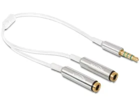 DeLock adaptér stereo jack 3,5 mm samec,4 pin 2 x stereo jack 3,5 mm samica,4 pin / 25cm / biely / strieborný (65576)