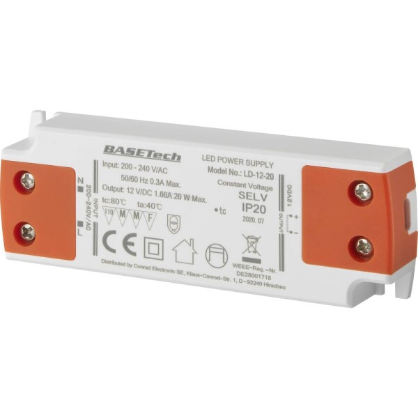 Basetech LD-12-20 napájací zdroj pre LED konštantné napätie 20 W 1.66 A schválenie nábytku, prepätia, montáž na nehorľavom povrchu; BT-2265916