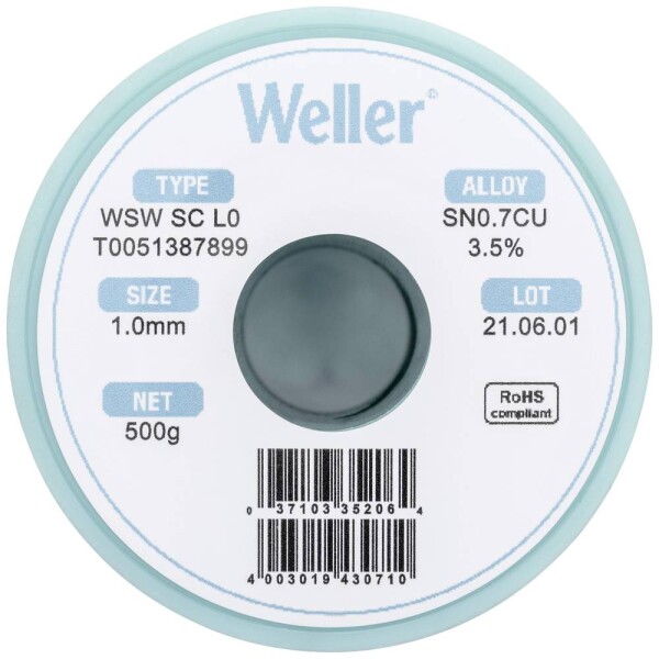 Weller WSW SC L0 spájkovací cín bez olova cievka Sn0,7Cu 500 g 1 mm; T0051387899