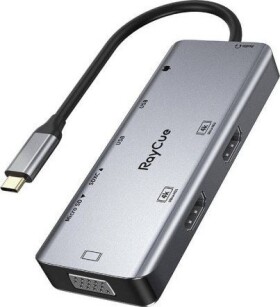 RayCue Hub 9w1 RayCue USB-C do 2x USB-A 3.0 5Gbps + 2x SD/TF 3.0 + 2x HDMI 4K30Hz + VGA 1080p + jack 3,5mm + PD 3.0 100W (Sivý)