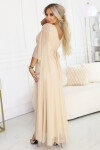 655-4 Dlhé ľahké trblietavé šaty s véčkovým výstrihom a priehľadnými rukávmi - béžovo-šampanská UNI