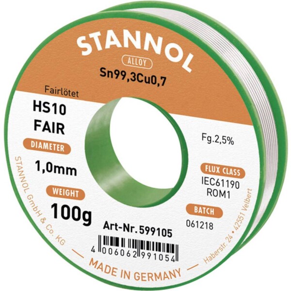 Stannol HS10-Fair spájkovací cín cievka Sn99,3Cu0,7 ROM1 100 g 1 mm; 599105