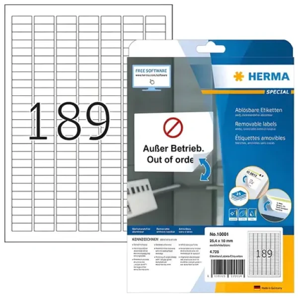 Herma Univerzálne etikety 25,4x10 mm / biele, snímateľné / 25 listov / 4725 ks (10001)