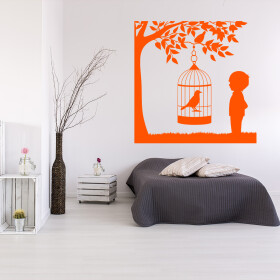 Veselá Stena Samolepka Vtáčik v klietke na strome Farba: oranžová, Veľkosť: 100 x 100 cm