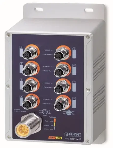 Planet vodotesný PoE switch 8x FE M12 IP67 / Switch / 8x PoE 802.3at 180 W / -40 až 75 ° C / 12-56 VDC (ISW-808PT-M12)
