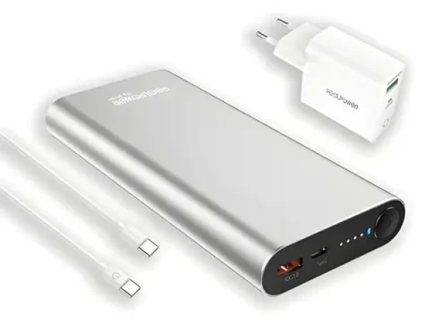 RealPower PB-20000PD Pre strieborná / Powerbanka 20000 mAh / USB-A + USB-C / 100W PD / Set (408097)