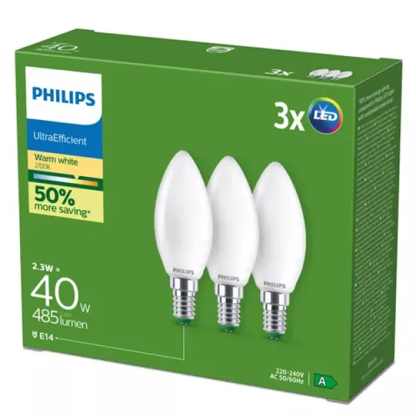 Philips Ultra Efficient LED žiarovka E14 / LED žiarovka / B35 / 2,1W = 40W / 2700K teplá biela / 3 ks (929003800831)