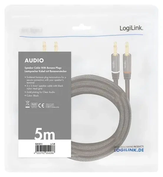 LogiLink audio kábel banánik čierna / Audio kábel / Banánek - Banánek / 5 m (CA1211)