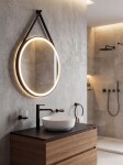 AQUALINE - STAGO guľaté zrkadlo s LED osvetlením priemer 60cm, kožený popruh, dotykový senzor, stmievateľné, čierna mat SG060