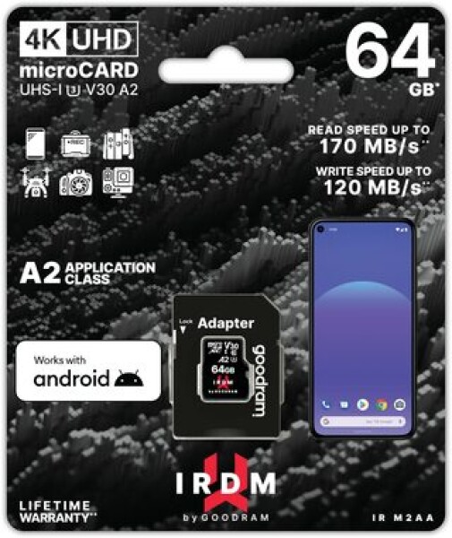 GOODRAM IRDM M2AA microSDXC 64GB + SD adaptér / Class 10 / UHS I / U3 / A2 / V30 / R: až 170 MBps / W: až 120 MBps (IR-M2AA-0640R12)