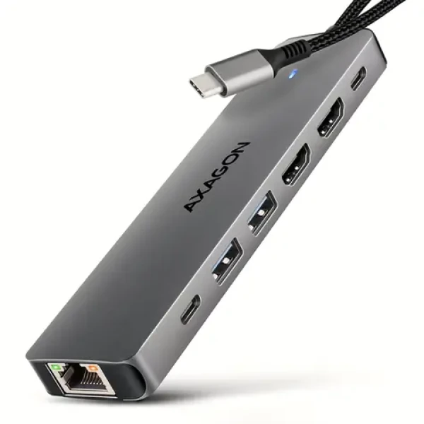 Axagon HMC-7HX2, USB 5Gbps húb, 2x USB-A, USB-C, 2x HDMI 4k/60Hz, RJ-45 GLAN, PD 100W, kábel USB-C 15cm (HMC-7HX2)