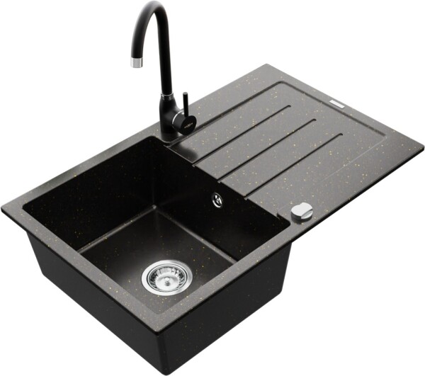 MEXEN/S MEXEN/S - Bruno granitový drez 1 s odkvapkávačom vrátane batérie Telma, čierna/zlatý 6513-75-670200-70