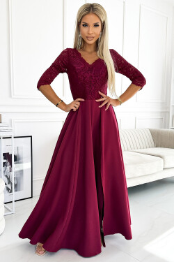 309-9 AMBER elegantné dlhé maxi šaty s čipkovým výstrihom - Bordeaux L