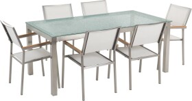 Beliani GROSSETO Sada záhradného nábytku stôl s bielou sklenenou doskou 180 x 90 cm 6 bielych stoličiek