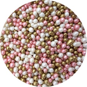 Cukrovo-ryžové perly ružovo‑bielo‑zlaté, 5 mm, 80 g - I LOVE CAKES