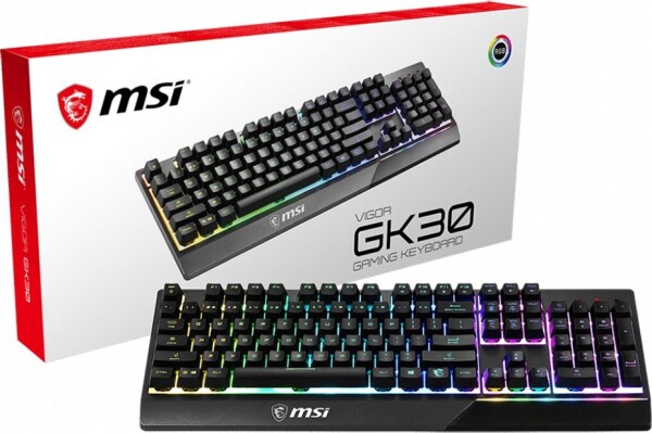 MSI MSI VIGOR GK30 RGB MEMchanical Gaming Keyboard '' UK Layout, MECH. Membrane switches, 6-Zone RGB Lighting, RGB Mystic Light, water repellent keyboard design'', Full-size (100%), USB, Mechanical, QWERTY, RGB LED, Black