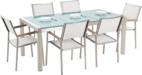 Beliani GROSSETO Záhradná sada pre 6 osôb sklenená doska 180 x 90 cm a biele stoličky