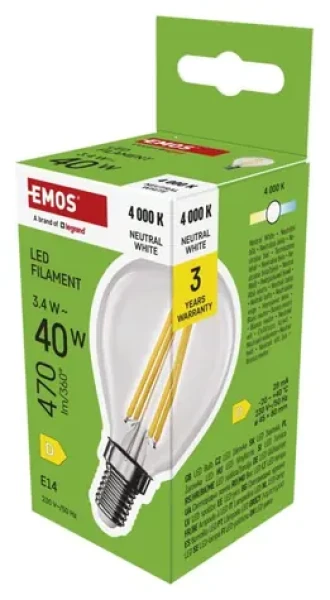 Emos LED žiarovka Mini Globe Filament E14 3,4 W-40 W NW / LED žiarovka / neutrálna biela / 470 lm / Trieda D (1525731449)