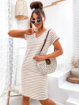 Béžovo-biele letné dámske bavlnené pruhované šaty (762) odstíny béžové L (40)