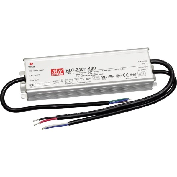 MEAN WELL HLG-240H-48B LED driver, napájací zdroj pre LED konštantné napätie, konštantný prúd 240 W 5 A 24 - 48 V/DC stmievateľný, PFC spínacie obvod, ochrana; HLG-240H-48B