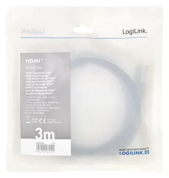 LogiLink HDMI 2.1 čierna / HDMI kábel / 8K/60Hz / 48 Gb/s / 3 m (CHA0106)