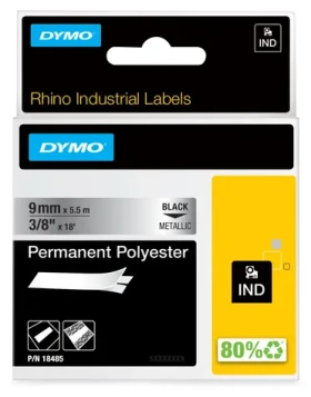 Dymo originálna páska do tlačiarne štítkov 9 mm x 5,5 m / čierna tlač / metalický podklad / RHINO permanentný polyester (18485)