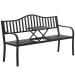 Mamido Záhradná kovová lavica pre 3 osoby s výsuvným stolíkom čierna