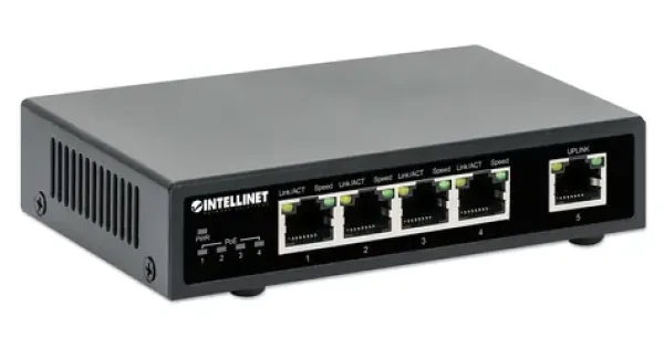 Intellinet 5-portový Gigabit PoE+ switch / Switch / 5x Gigabit RJ45 / 4X PoE+ porty / 62 W / kovové telo (561839)